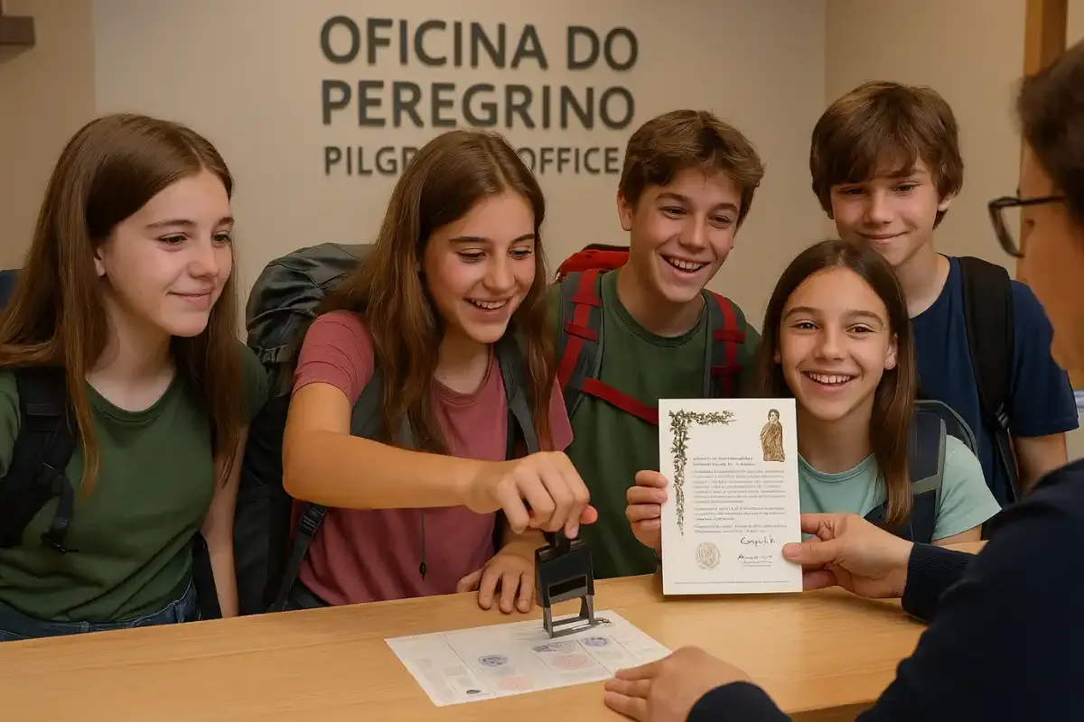 Peregrinos recibiendo su Compostela