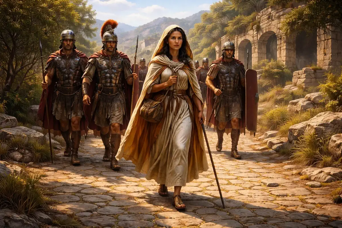 Egeria caminando escoltada por soldados romanos