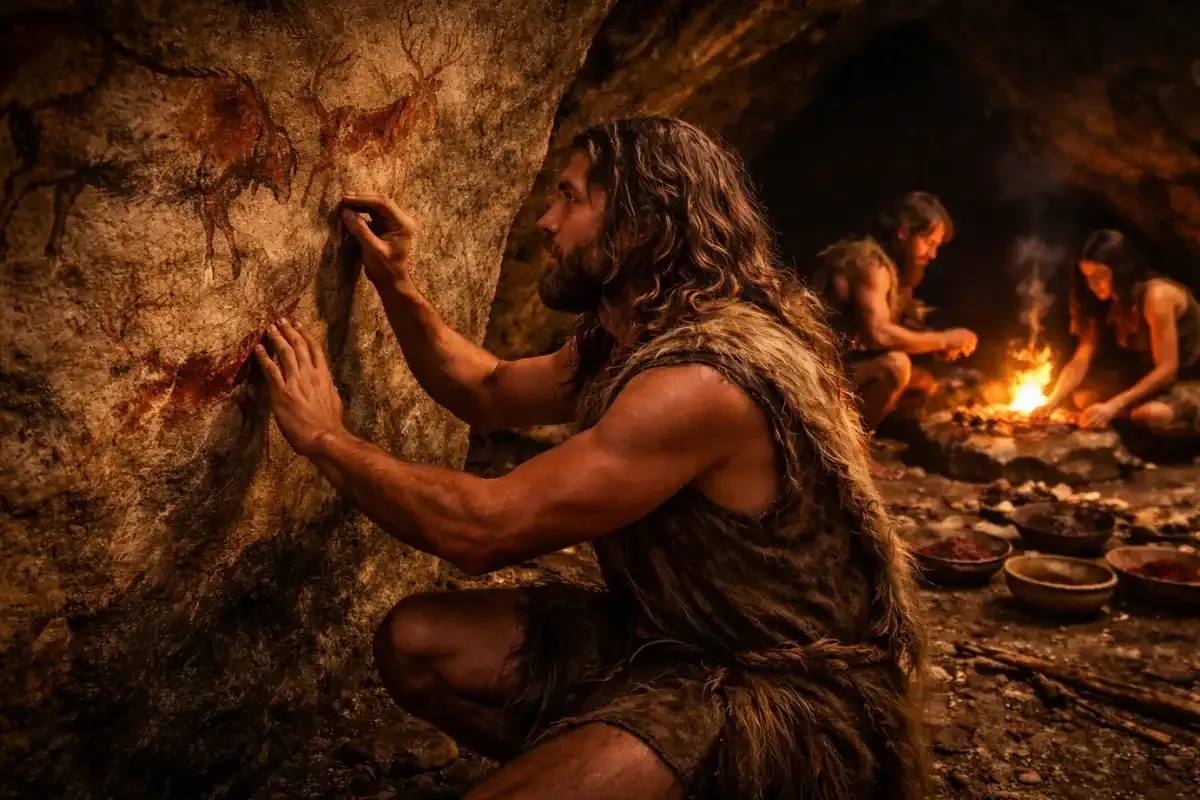 Hombre prehistórico pintando en una cueva