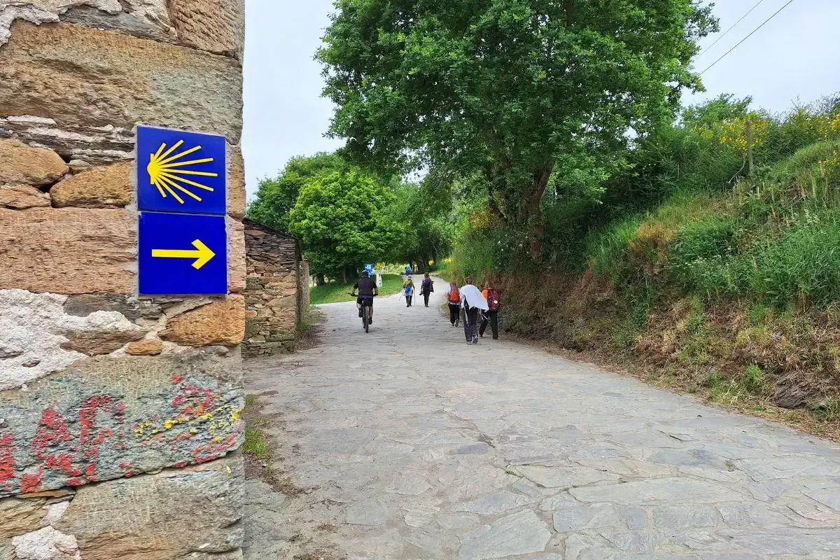 Flecha amarilla, concha de vieira y peregrinos en el Camino