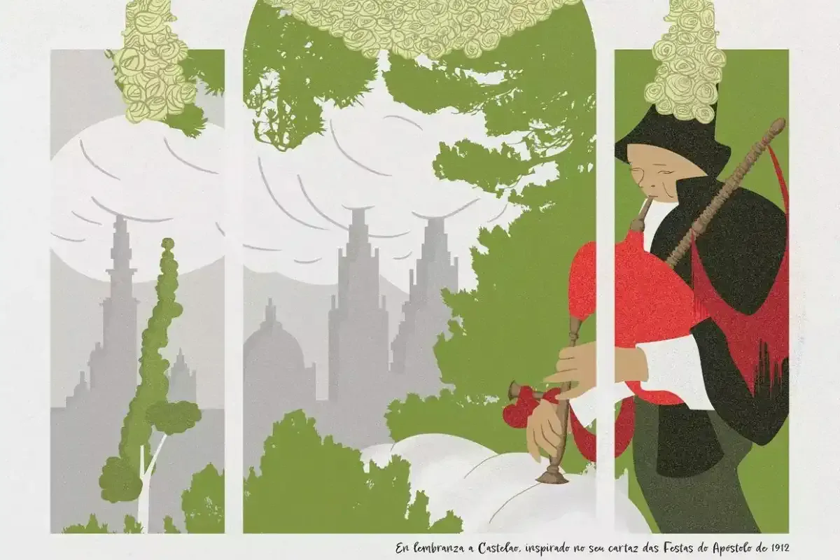 Detalle del Cartel de las Fiestas del Apóstol 2025 en Santiago de Compostela, inspirado en un antiguo cartel de Castelao