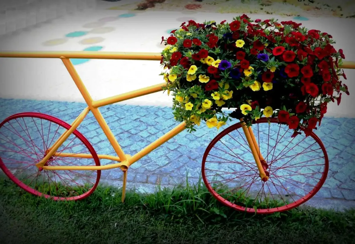 Zäune mit einem Fahrrad und Blumen