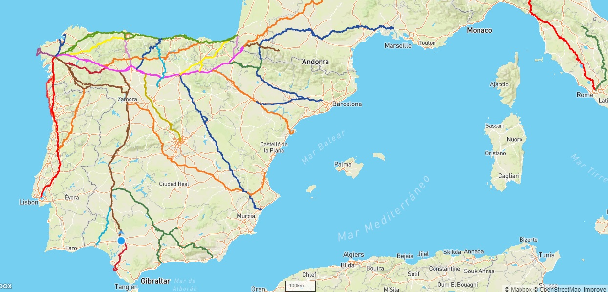 Mapa de la web Gronze Maps de un peregrino que va a hacer la Vía de la Plata desde Sevilla