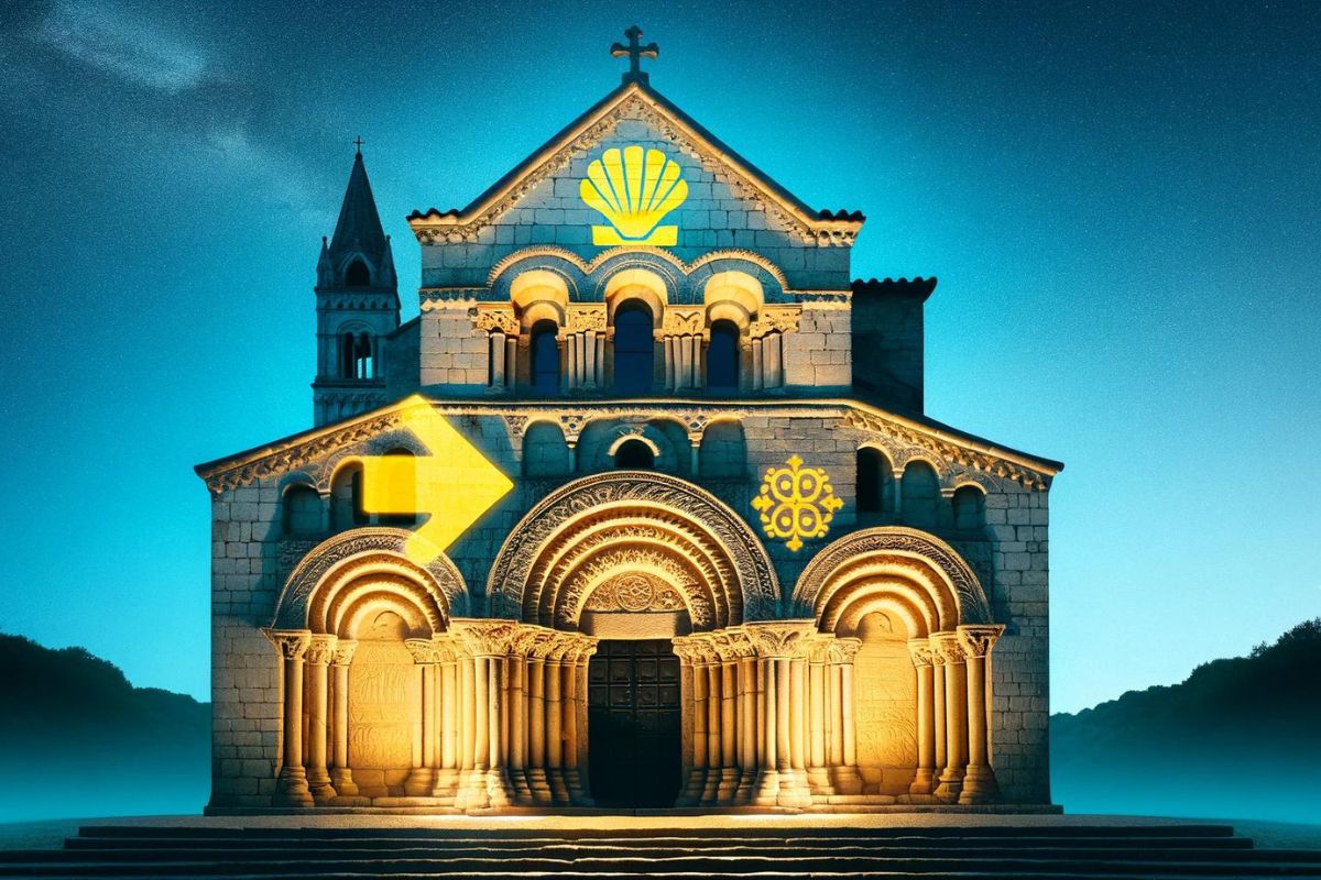 Illuminated Romanesque church.