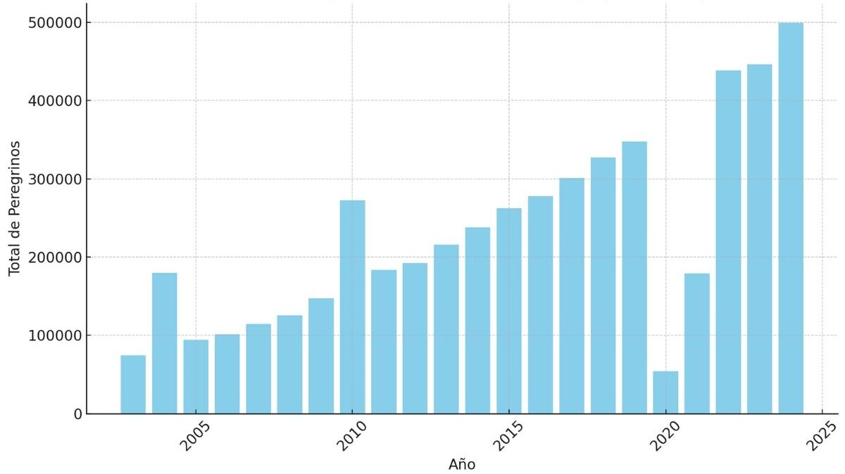 Evoluzione del numero totale di pellegrini del Cammino di Santiago per anni, dal 2003 al 2024. Fonte: elaborazione propria