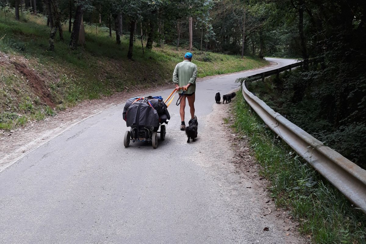 Pellegrino con i suoi cani che sale una delle salite difficili nel Cammino di Finisterre.