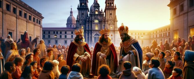 The Three Wise Men in Galicia surrounded by children, after the Wise Men Parade.