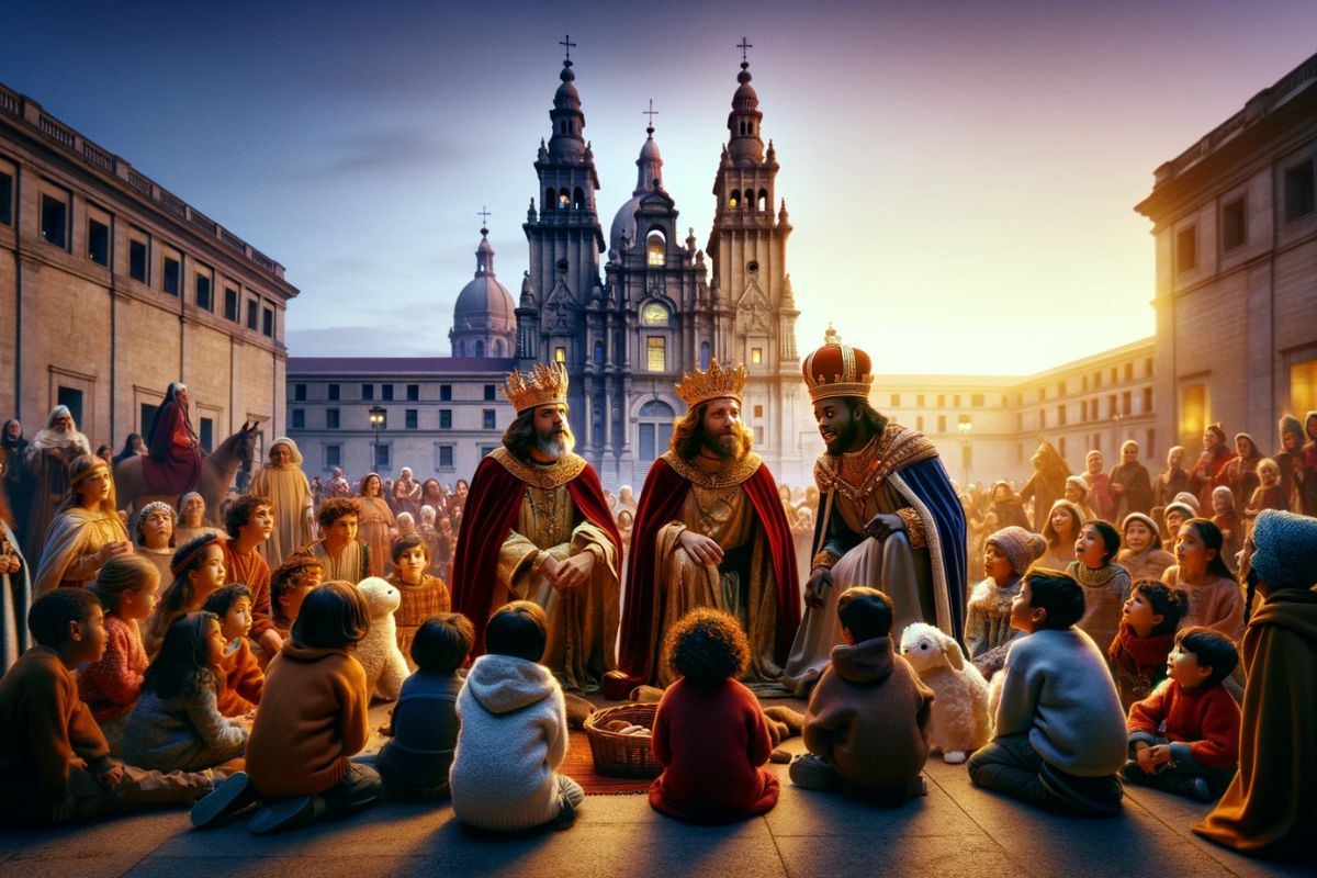 The Three Wise Men in Galicia surrounded by children, after the Wise Men Parade.