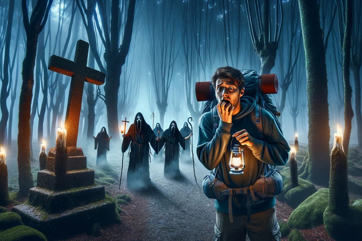 Illustration of the Santa Compaña in a forest with a terrified pilgrim.