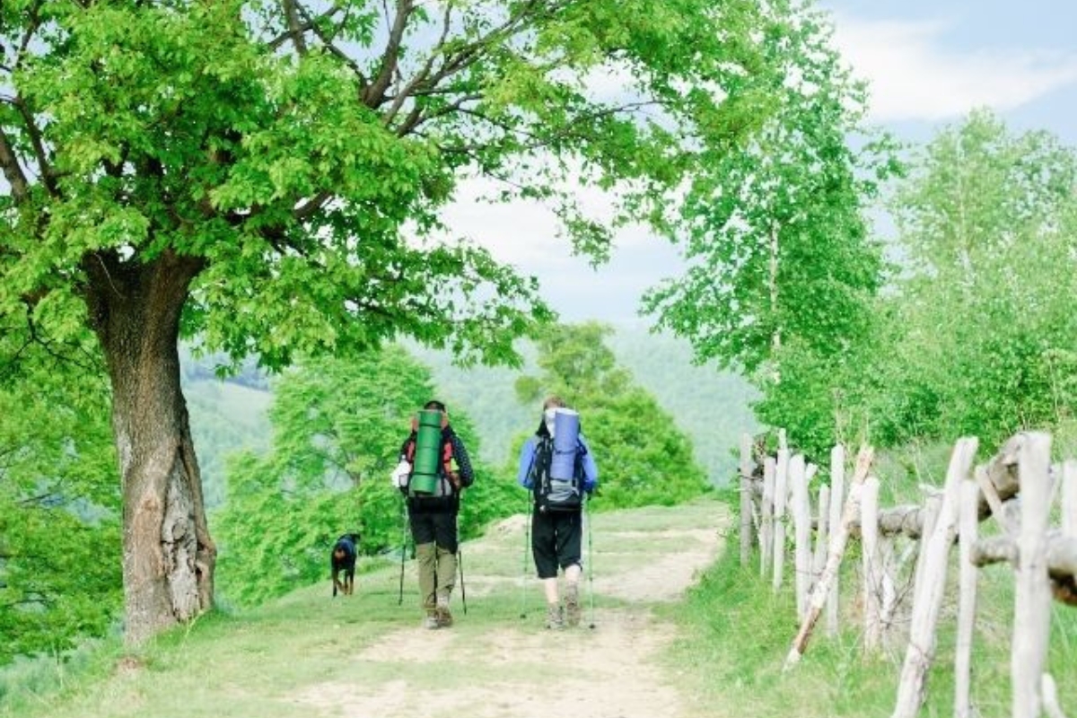 Dos peregrinos caminando con su perro