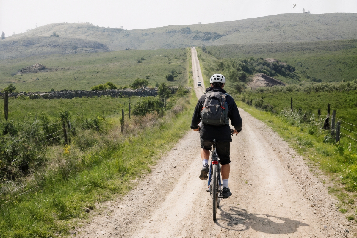 Pilger auf dem Fahrrad auf dem Jakobsweg Pilger auf dem Fahrrad auf dem Jakobsweg